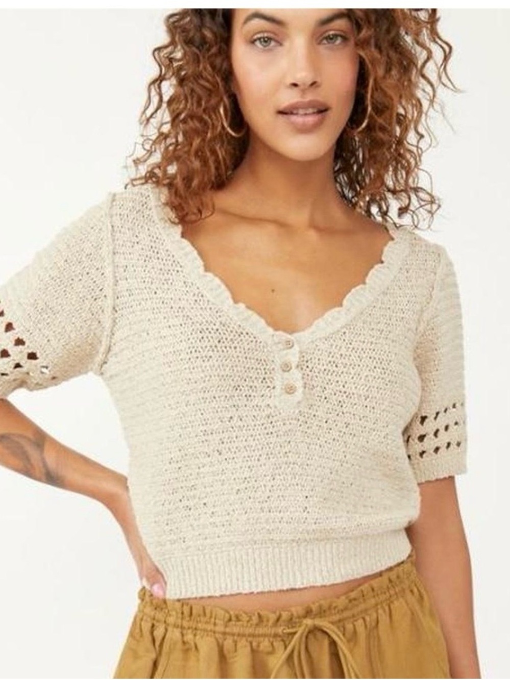 Free People Cream V-Neck Henley Knit Sweater